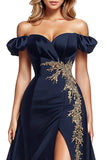 Sparkly Small Puff Mangas Navy Blue Beaded Cetim Uma Linha Vestido Formal com Fenda