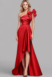 Red One Shoulder cetim sereia longo vestido formal com arco