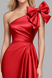 Red One Shoulder cetim sereia longo vestido formal com arco