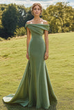 Sage Slim Off The Shoulder Draped Neck Long Fishtail Formal Dress com Hem Larga