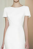 Vestido Formal Fit White Short Sleeves Straight Pencil Midi Formal