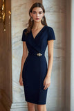 Navy V Pescoço Mangas Curtas Slim Wrap Vestido Formal