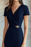 Navy V Pescoço Mangas Curtas Slim Wrap Vestido Formal