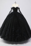 Vestido de bola preto fora do ombro tule vestido quinceanera com flores 3D