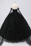 Vestido de bola preto fora do ombro tule vestido quinceanera com flores 3D