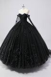 Vestido de bola preto fora do ombro tule vestido quinceanera com flores 3D
