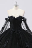 Vestido de bola preto fora do ombro tule vestido quinceanera com flores 3D
