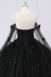 Vestido de bola preto fora do ombro tule vestido quinceanera com flores 3D