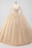 Princesa Champagne Fora do Ombro Cabo Mangas Tule Quinceanera Vestido com Apliques