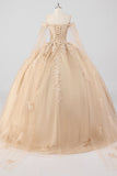Princesa Champagne Fora do Ombro Cabo Mangas Tule Quinceanera Vestido com Apliques