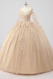 Princesa Champagne Fora do Ombro Cabo Mangas Tule Quinceanera Vestido com Apliques