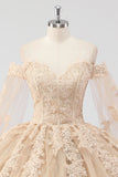Princesa Champagne Fora do Ombro Cabo Mangas Tule Quinceanera Vestido com Apliques