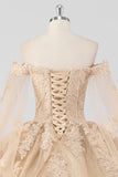 Princesa Champagne Fora do Ombro Cabo Mangas Tule Quinceanera Vestido com Apliques