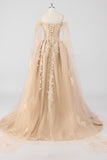 Princesa Champagne Fora do Ombro Cabo Mangas Tule Quinceanera Vestido com Apliques