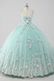 Princesa Mint Ball Gown Strapless Tulle Quinceanera Vestido com flores 3D