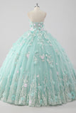 Princesa Mint Ball Gown Strapless Tulle Quinceanera Vestido com flores 3D