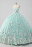 Princesa Mint Ball Gown Strapless Tulle Quinceanera Vestido com flores 3D