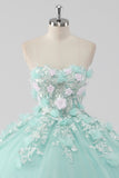 Princesa Mint Ball Gown Strapless Tulle Quinceanera Vestido com flores 3D