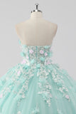 Princesa Mint Ball Gown Strapless Tulle Quinceanera Vestido com flores 3D