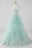 Princesa Mint Ball Gown Strapless Tulle Quinceanera Vestido com flores 3D