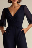 Marinha V-neck Meia Manga Chiffon Mãe da Noiva Macacões