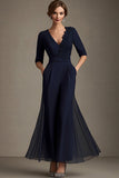 Marinha V-neck Chiffon A-Line Meia Manga Mãe do Vestido da Noiva com Apliques
