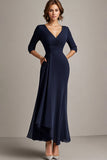 Marinha A-Line Chiffon V-Neck Long Mãe do Vestido da Noiva com Meias Mangas