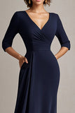 Marinha A-Line Chiffon V-Neck Long Mãe do Vestido da Noiva com Meias Mangas