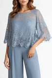 Pescoço do barco cinza azul Chiffon 1/2 mangas soltas vestido mãe com renda superior