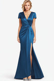 Sereia V-Neck Azul Ruched Mangas Vestido Mãe Comprimento Completo com Fenda