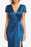 Sereia V-Neck Azul Ruched Mangas Vestido Mãe Comprimento Completo com Fenda
