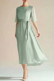 Verde Claro Chiffon Boat Neck A Linha 3/4 Mangas Bezerro Comprimento Vestido Mãe