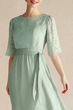 Verde Claro Chiffon Boat Neck A Linha 3/4 Mangas Bezerro Comprimento Vestido Mãe