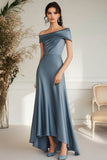 Cinzento Azul Pescoço Longo Barco Uma Linha Cetim Longa Mãe Do Vestido De Noiva