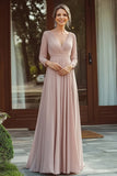 Chiffon V Pescoço Champagne Mãe do Vestido de Noiva com 3/4 Mangas