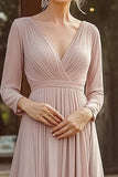 Chiffon V Pescoço Champagne Mãe do Vestido de Noiva com 3/4 Mangas