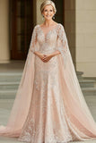 Elegante capa de damasco manga mãe do vestido de noiva com apliques de renda
