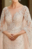 Elegante capa de damasco manga mãe do vestido de noiva com apliques de renda