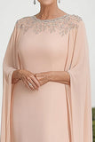 Flutter Mangas Damasco Chiffon Coluna Scoop Pescoço Mãe do Vestido da Noiva com Missangas