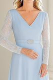 Renda Chiffon Sky Blue Uma Linha V Pescoço Chá Comprimento Mãe do Vestido da Noiva com Belted