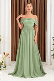 Verde A-Line fora do ombro Chiffon longo vestido de baile