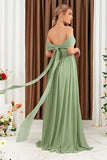 Verde A-Line fora do ombro Chiffon longo vestido de baile