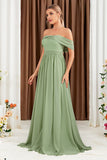 Verde A-Line fora do ombro Chiffon longo vestido de baile