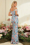 Sereia Azul Floral Ombro Frio Vestido Longo Baile de Formatura