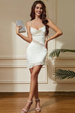 Bodycon Esparguete Correias Vestido Cocktail Branco com Folhos