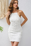 Bodycon Halter Neck Branco Appliques Cocktail Dress