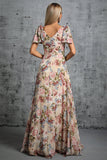 Luz Khaki Floral Estampado A-Line V-neck Long Prom Dress