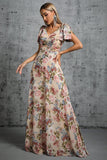 Luz Khaki Floral Estampado A-Line V-neck Long Prom Dress