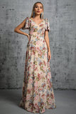 Luz Khaki Floral Estampado A-Line V-neck Long Prom Dress