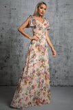 Luz Khaki Floral Estampado A-Line V-neck Long Prom Dress